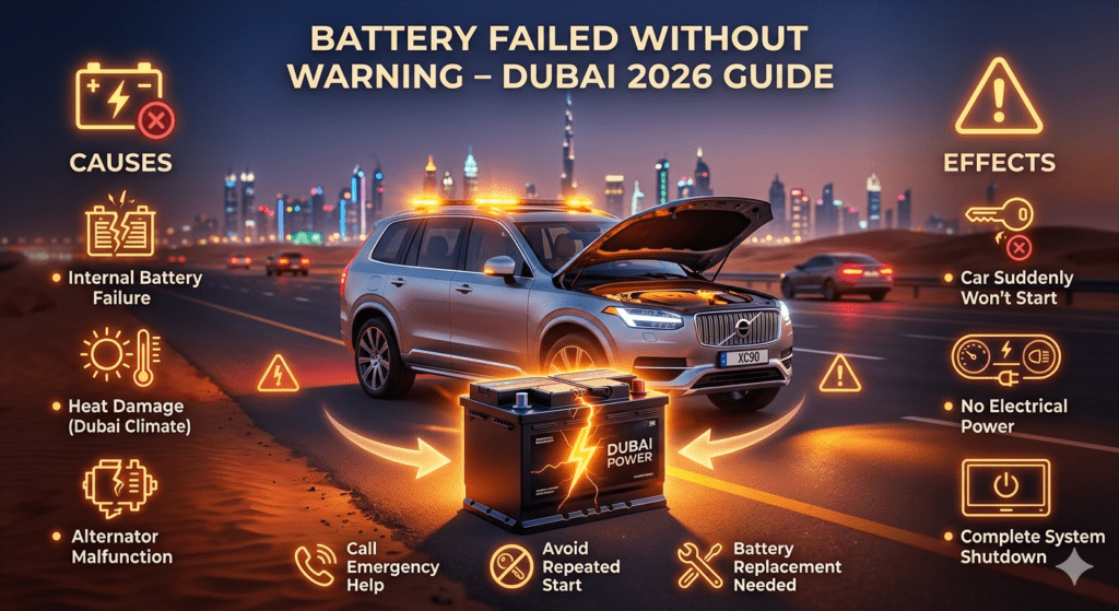 Car suddenly stopped in Dubai due to unexpected battery failure with visual breakdown of causes and effects