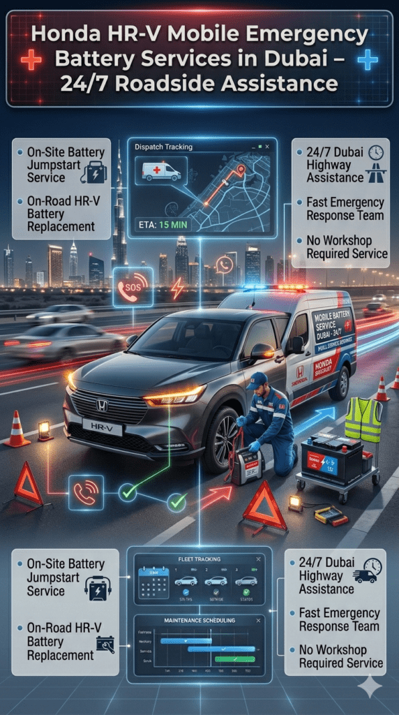 Honda HR-V roadside emergency battery service in Dubai showing mobile jumpstart, on-road battery replacement, and 24/7 highway assistance.
