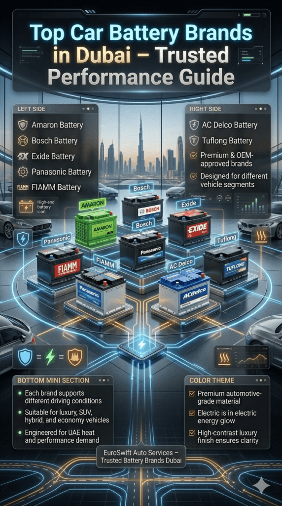 Top car battery brands in Dubai infographic showing Amaron Bosch Exide Panasonic FIAMM AC Delco and Tuflong batteries with luxury automotive comparison guide for different vehicle segments