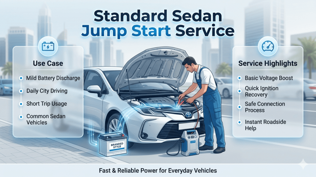 Standard sedan car jump start service showing technician using portable booster for quick ignition recovery on everyday vehicles