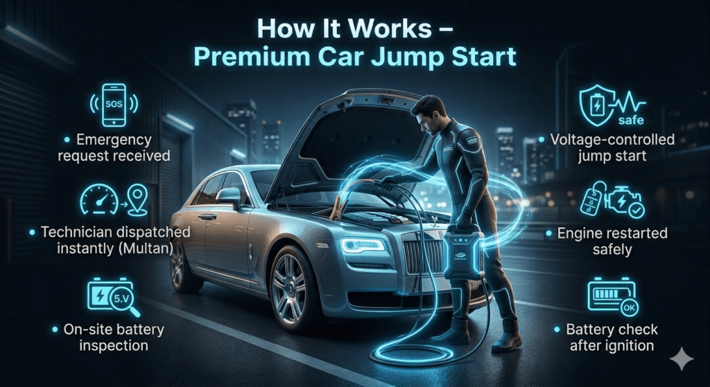 Step-by-step premium car jump start process with technician assisting a luxury vehicle and key stages highlighted