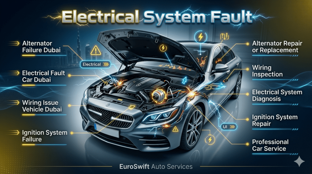 Car engine showing electrical system fault with visible wiring issues, sparks, and alternator warning in a luxury vehicle.