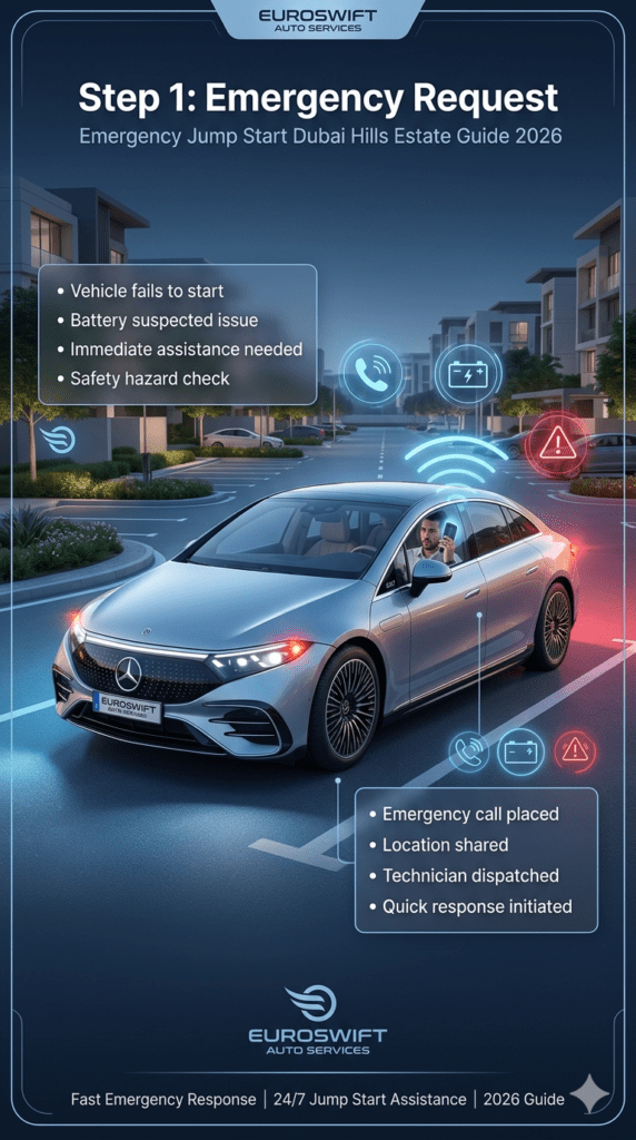 Driver requesting emergency jump start assistance in Dubai Hills Estate using phone while car shows battery failure in a professional roadside infographic setup.