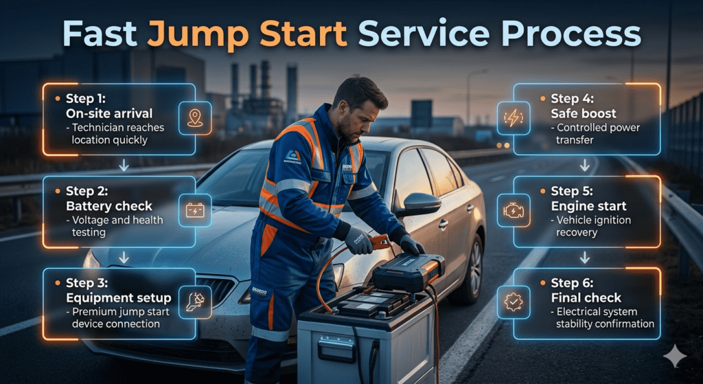 Premium infographic showing fast jump start service workflow with a technician assisting a car battery, step-by-step roadside emergency process displayed on both sides in clean modern UI panels.