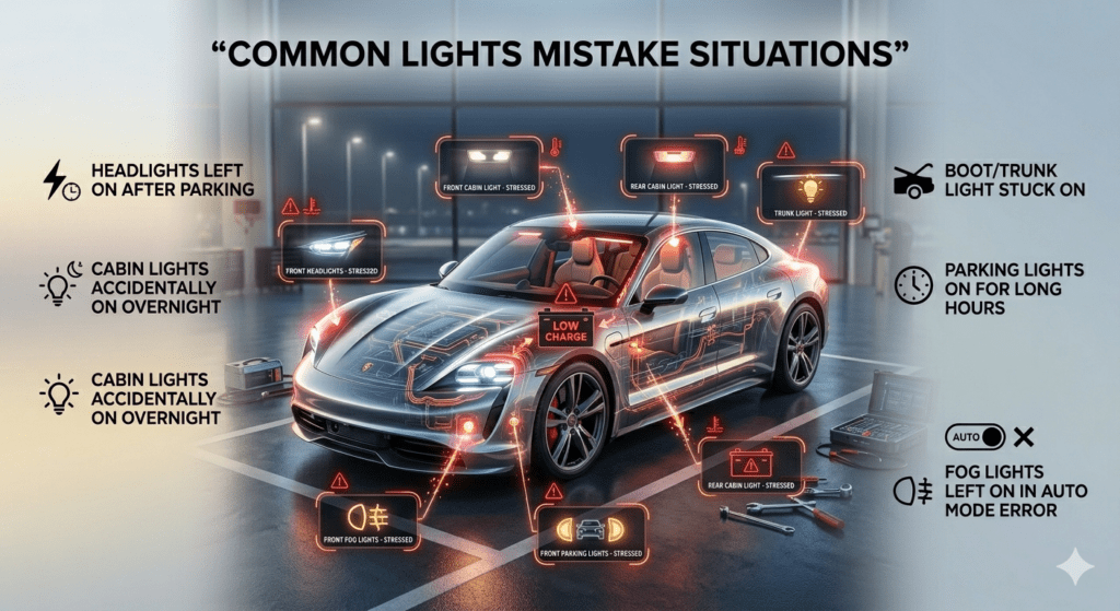 Car lighting system showing common mistakes like headlights, cabin lights, and trunk lights left ON causing battery drain