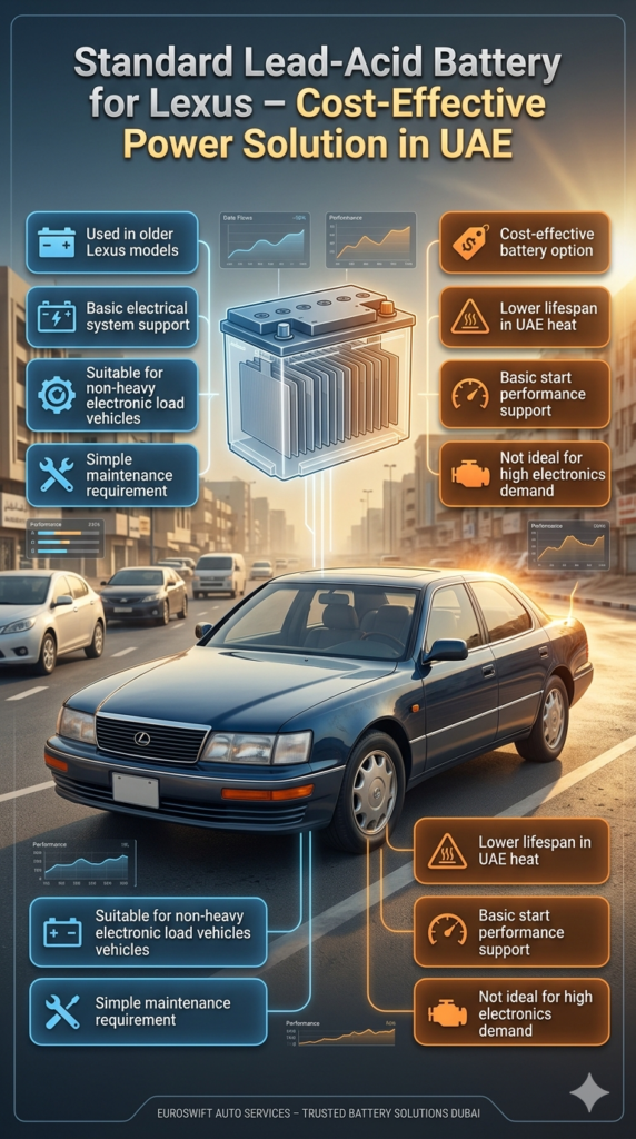 Older Lexus sedan infographic showing standard lead-acid battery with cost-effective performance and reduced lifespan in Dubai extreme heat conditions.