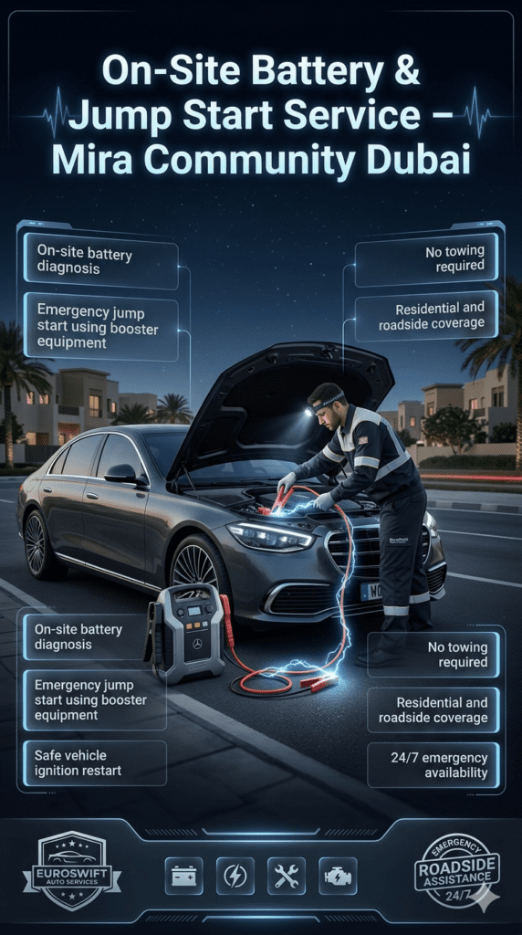 Professional roadside assistance in Mira Community Dubai showing technician performing on-site battery diagnosis and emergency jump start with booster equipment and service features displayed.
