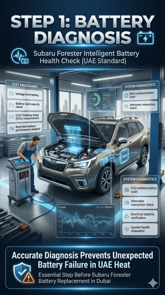 Subaru Forester infographic showing battery diagnosis process with voltage test, load check, CCA measurement, and ECU scan using advanced tools in a Dubai workshop.