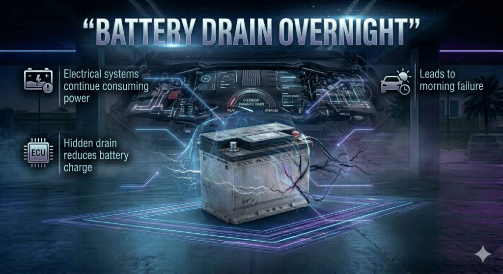 Battery drain overnight infographic showing hidden electrical drain and reduced battery charge leading to morning failure