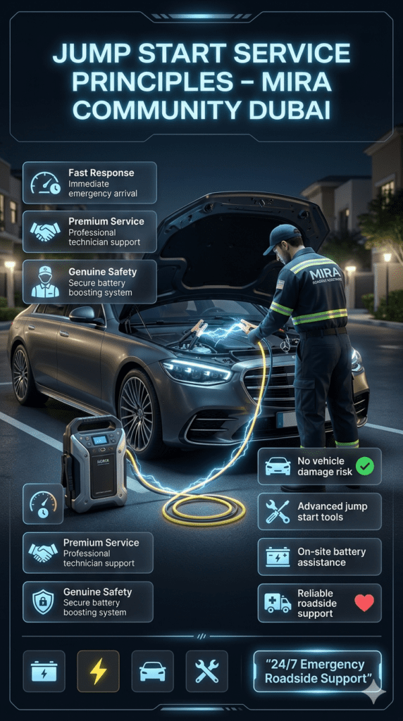 Emergency roadside jump start service in Mira Community Dubai showing technician boosting car battery with principles of fast response, premium service, and genuine safety displayed on sides.