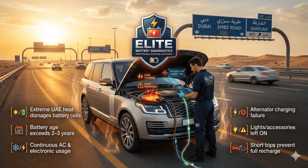 common causes of car battery failure in UAE showing heat damage alternator issues and battery drain problems on highway roadside