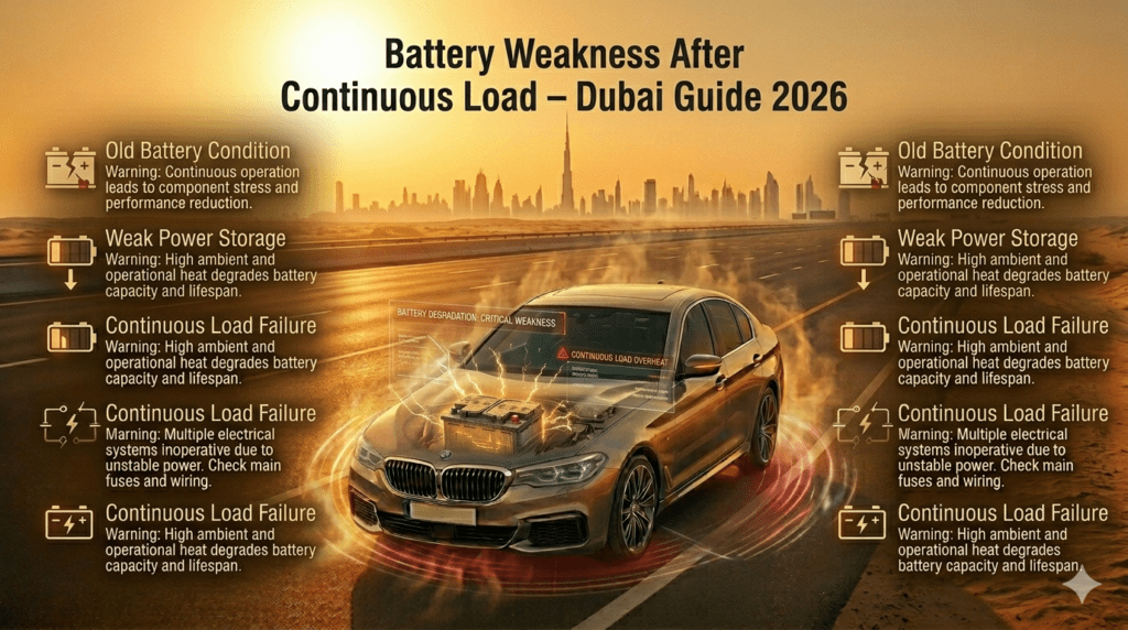 Old weak car battery in Dubai failing after continuous load and long driving heat exposure