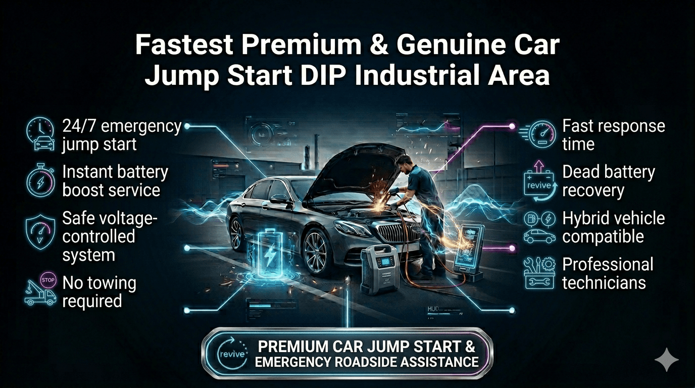 Car jump start service in DIP Industrial Area showing technician boosting battery with key service highlights.
