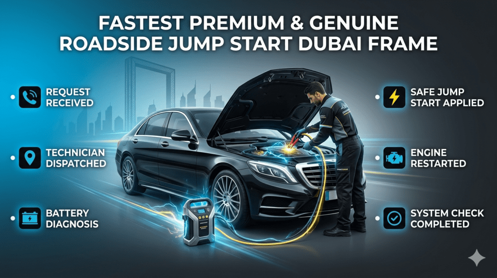 Roadside jump start working process showing technician assisting car battery with step-by-step service highlights.