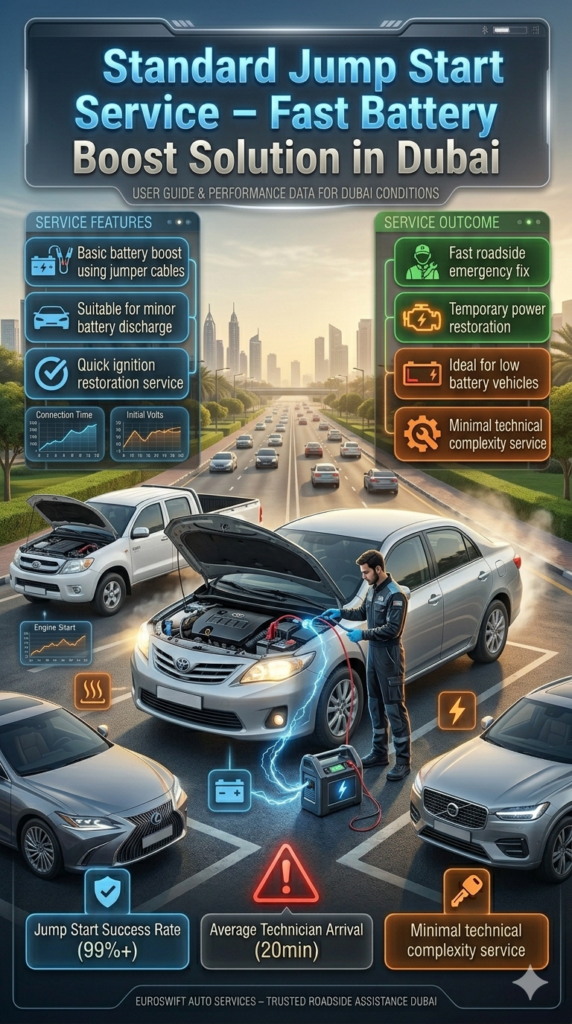 Roadside jump start service showing technician connecting jumper cables to car battery for quick ignition recovery in Dubai urban environment.