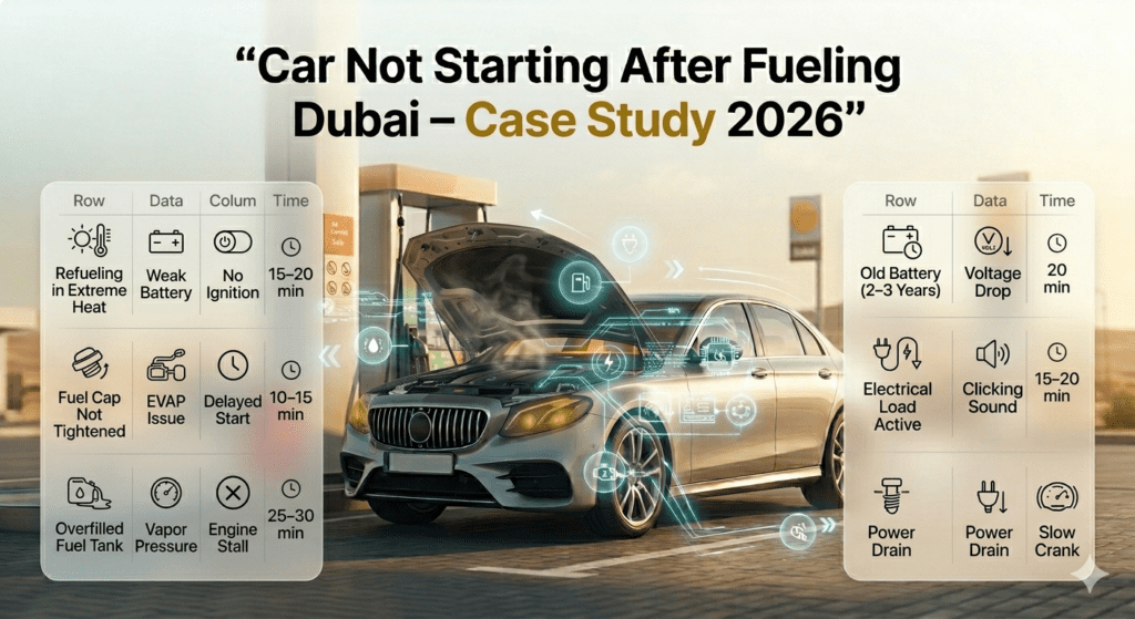 Case study of car not starting after fueling in Dubai showing causes, results, and fix times in infographic format.