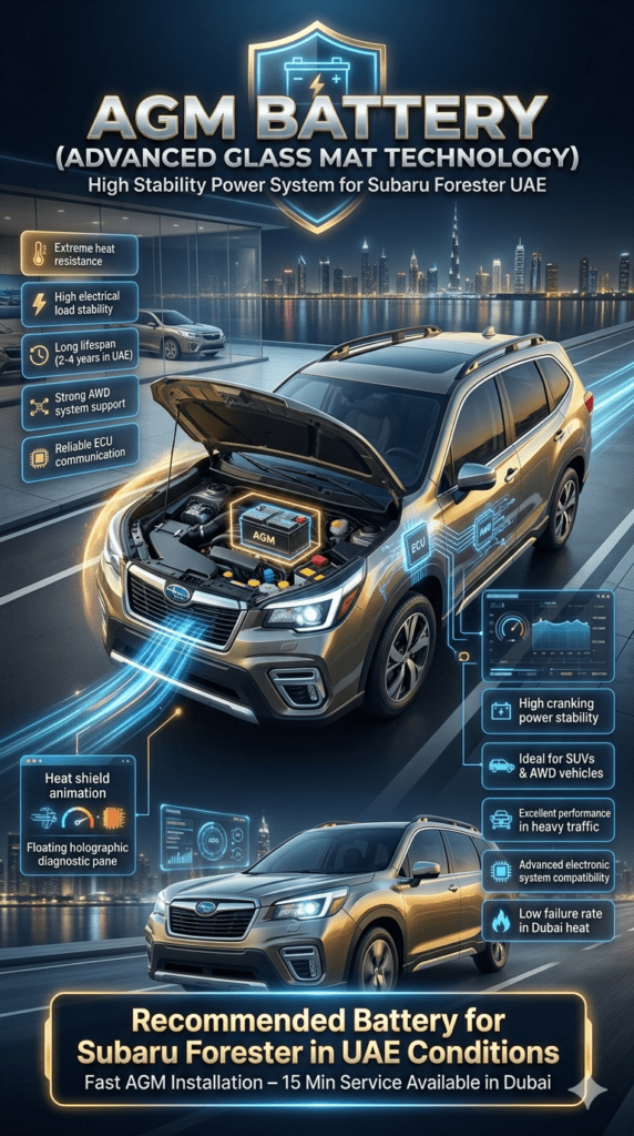 Subaru Forester infographic showing AGM battery with features like high load stability, heat resistance, long lifespan, and AWD system support in Dubai UAE environment.