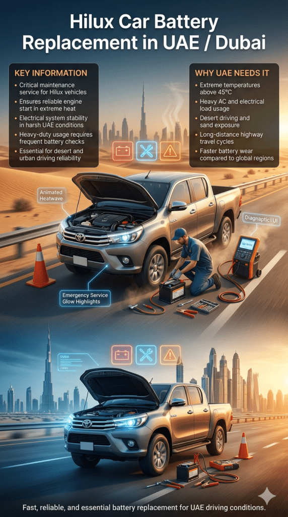 Toyota Hilux pickup truck undergoing mobile battery replacement in UAE desert environment with technician performing service under extreme heat conditions, showing emergency roadside assistance and battery installation.