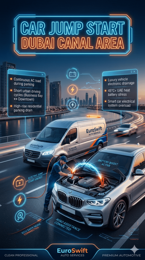 Car jump start Dubai Canal area showing roadside technician using jump cables on luxury vehicle with EuroSwift Auto Services van near Dubai Water Canal and traffic skyline.