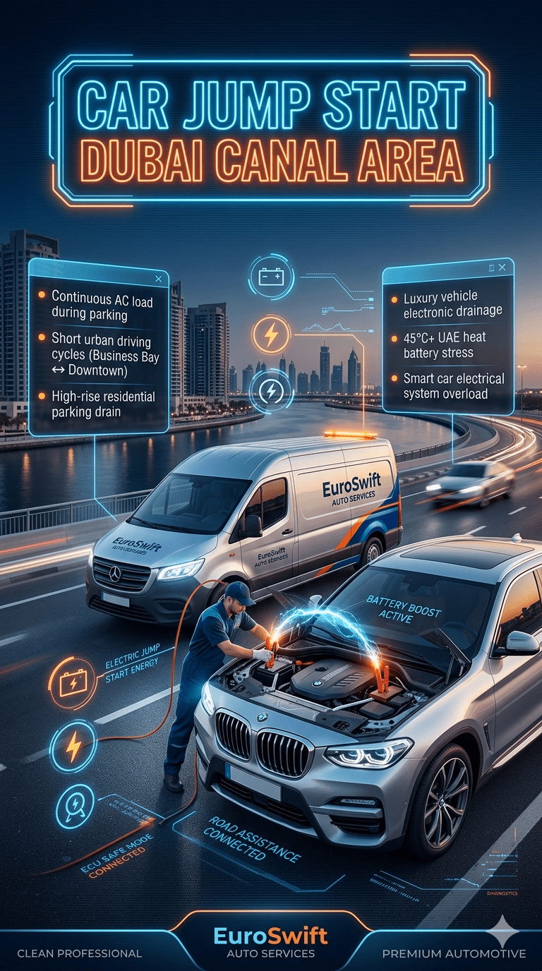 Car jump start Dubai Canal area showing roadside technician using jump cables on luxury vehicle with EuroSwift Auto Services van near Dubai Water Canal and traffic skyline.