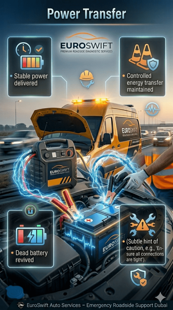 A roadside assistance technician delivering stable electrical power from a booster pack to a dead car battery, showing energy transfer in a professional infographic-style scene.