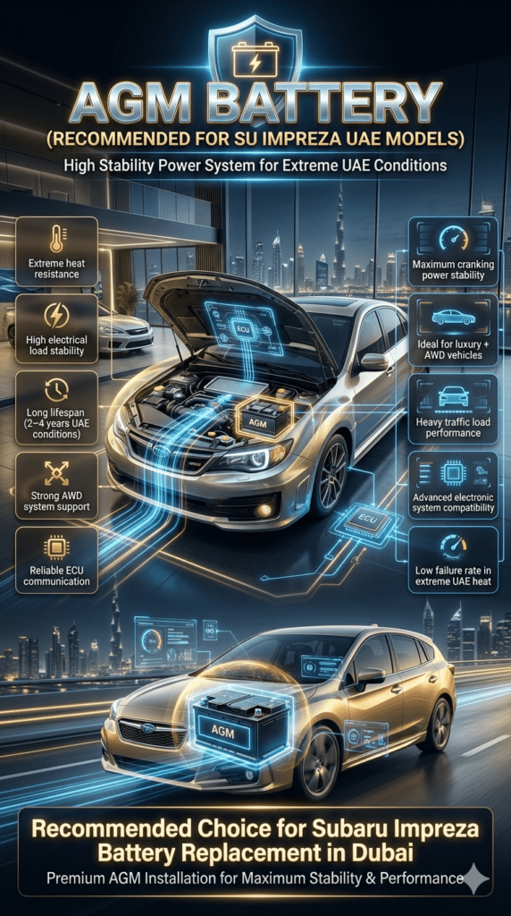 Subaru Impreza infographic showing AGM battery installation with benefits like high load stability, heat resistance, long lifespan, and AWD system support in Dubai UAE environment.