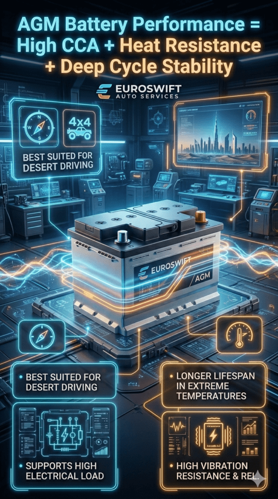 AGM car battery performance infographic showing high CCA, heat resistance, and deep cycle stability with installation benefits in extreme weather conditions.