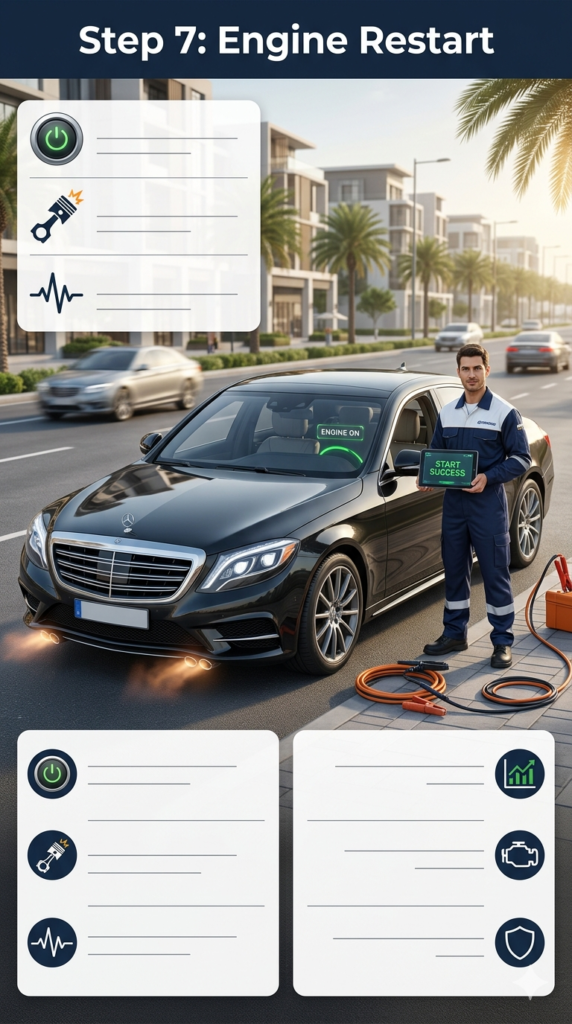 Technician confirming successful engine restart after jump-start service with vehicle running smoothly in a roadside assistance scene.