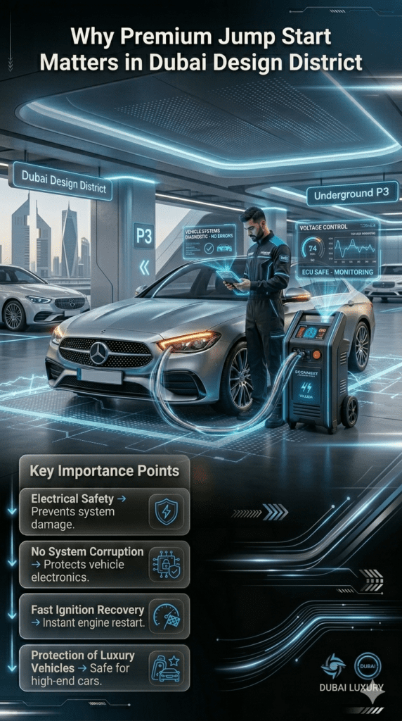 Premium automotive infographic showing ECU-safe jump start importance in Dubai Design District with luxury car protection, electrical safety, and modern roadside assistance system.