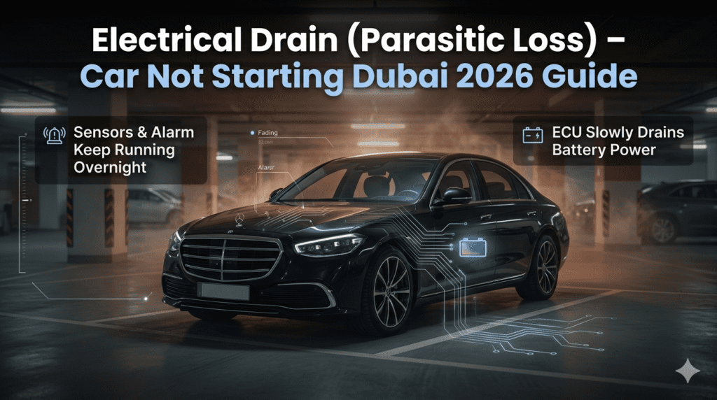 Car electrical drain (parasitic loss) in Dubai basement parking showing sensors and ECU slowly draining battery power overnight.