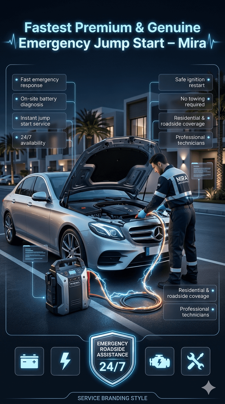 Emergency roadside jump start service in Mira showing technician performing safe battery boost on a car with emergency features like fast response, diagnosis, and 24/7 support displayed on sides.
