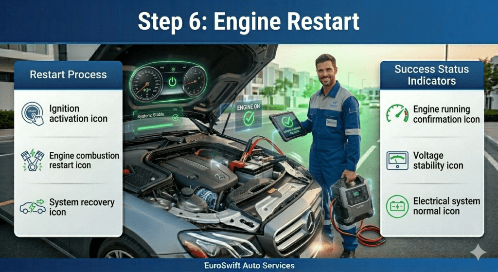 Technician confirming successful engine restart after roadside jump start service with vehicle running smoothly.