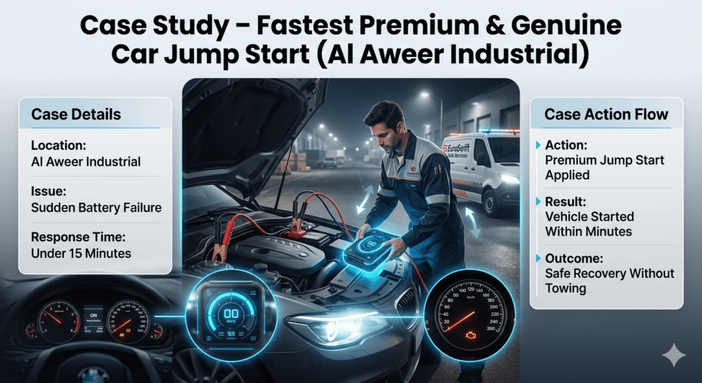 Case study showing emergency roadside jump start service in Al Aweer Industrial with technician performing safe battery boost and vehicle recovery.