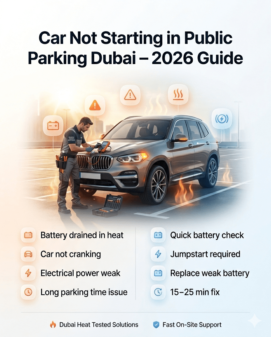 Car not starting in public parking Dubai showing battery issue, heat exposure, and quick solution steps in a modern infographic design
