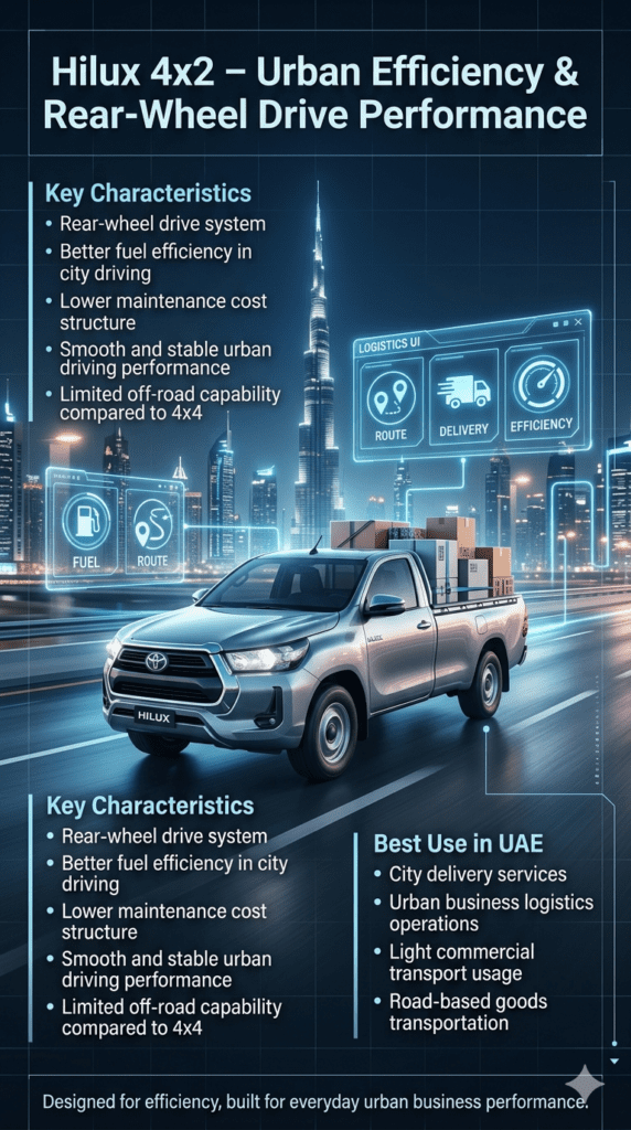 Toyota Hilux 4x2 pickup truck shown driving in Dubai urban city environment with infographic panels highlighting rear-wheel drive system, fuel efficiency, and city logistics usage.