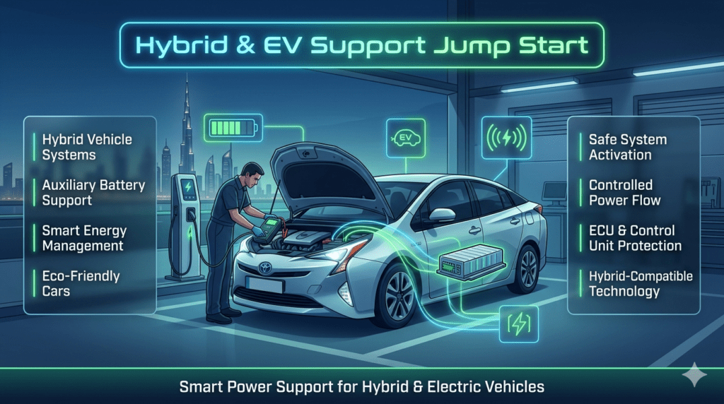 Hybrid and electric vehicle jump start support showing technician activating auxiliary battery system with smart energy control technology