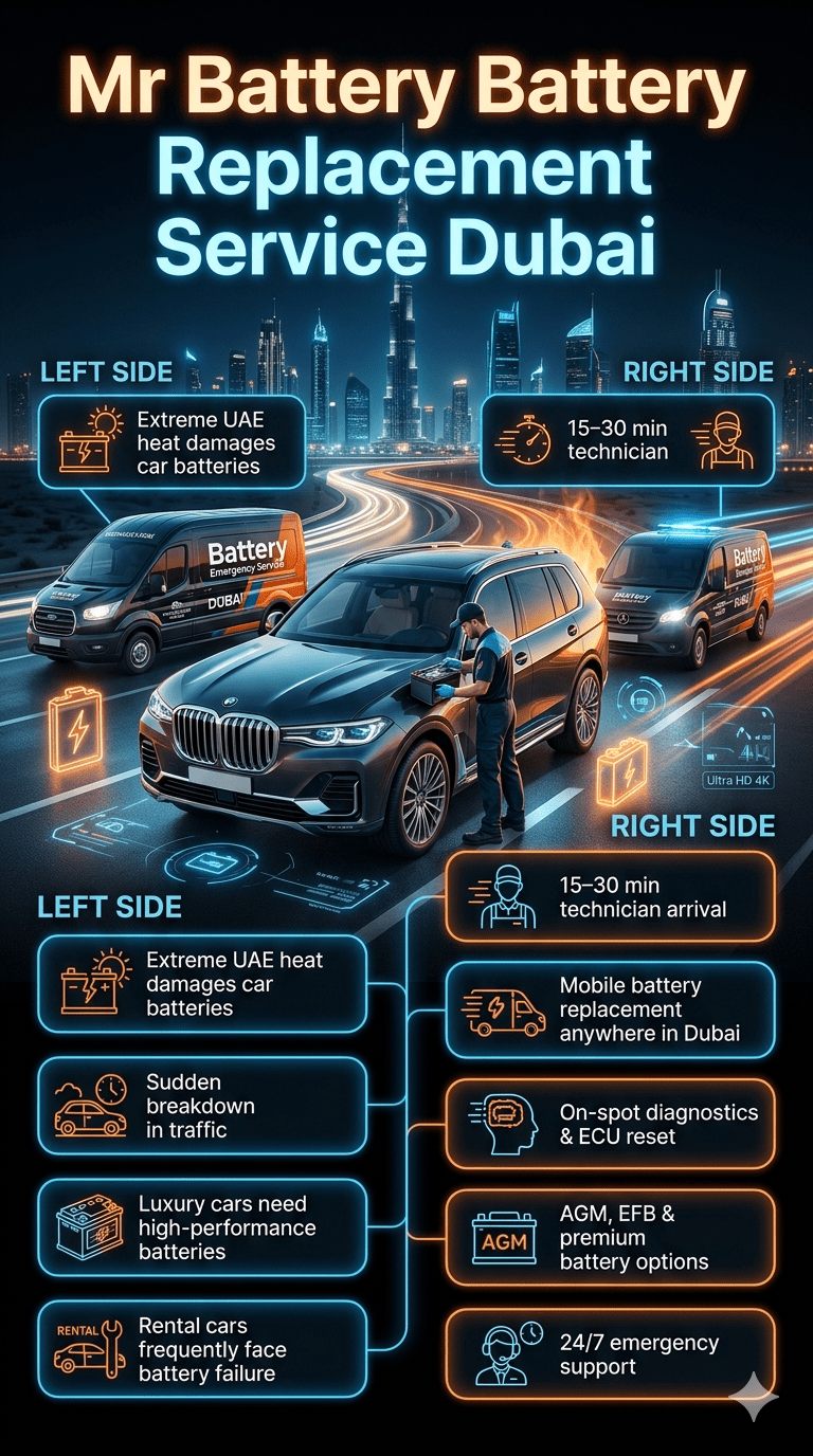 Mr Battery battery replacement service Dubai mobile technician replacing car battery on luxury vehicle in Dubai with emergency roadside assistance and infographic service highlights