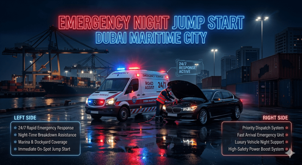 Nighttime emergency jump start in Dubai Maritime City with flashing roadside assistance van helping a luxury BMW using jumper cables in dockyard port environment.