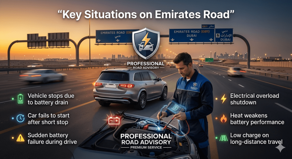 key situations on Emirates Road showing car battery failure causes like heat drain sudden shutdown and electrical overload in Dubai highway