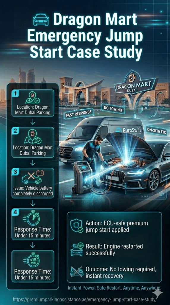 Premium infographic showing Dragon Mart Dubai emergency jump start service with car battery failure case, technician assistance, and fast recovery process.