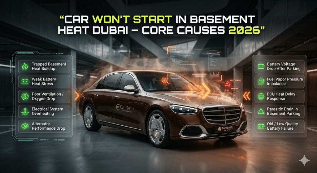 Car not starting in Dubai basement heat showing core causes like heat buildup, battery stress, and electrical failure.
