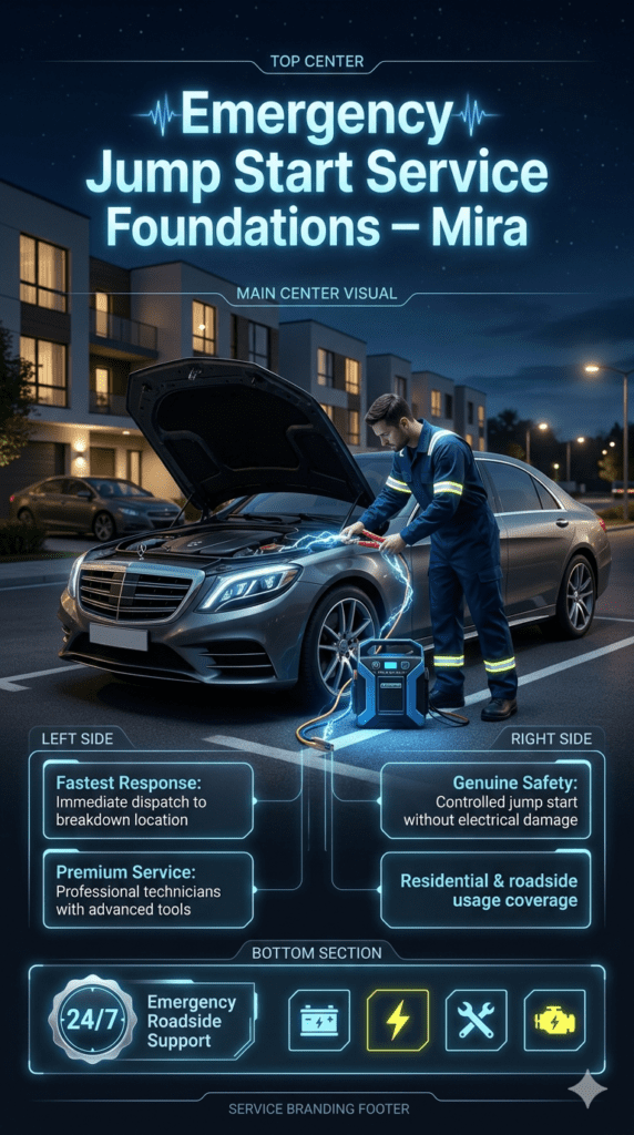 Emergency roadside jump start service in Mira showing technician boosting a car battery with key principles of fast response, premium service, and genuine safety displayed on sides.