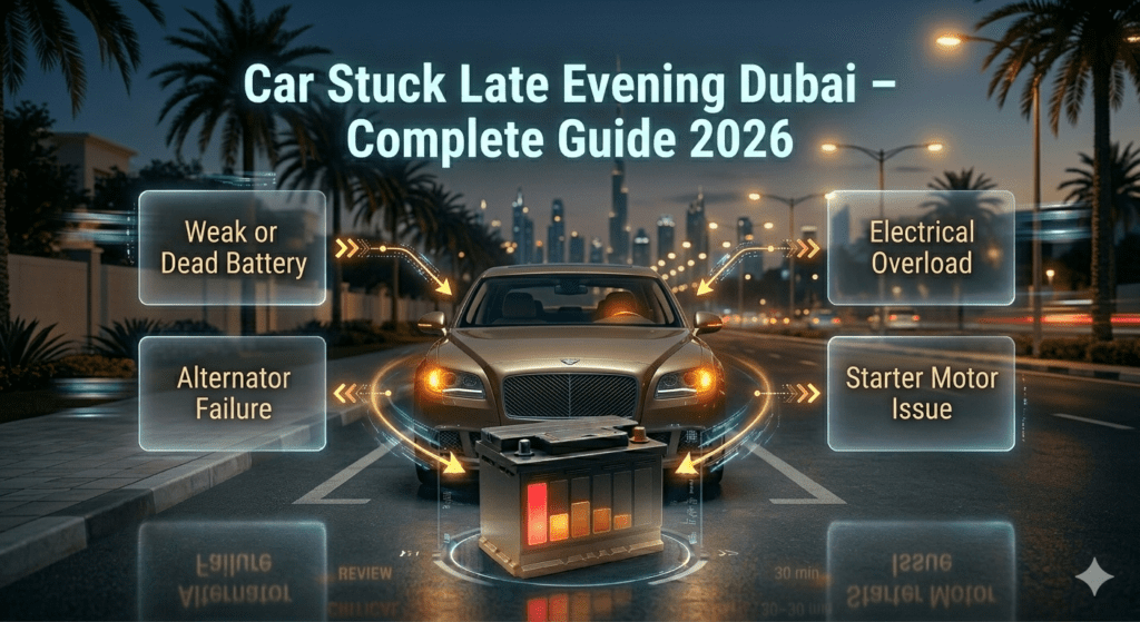 Car stuck late evening in Dubai road showing battery and mechanical failure causes in night emergency breakdown scene.