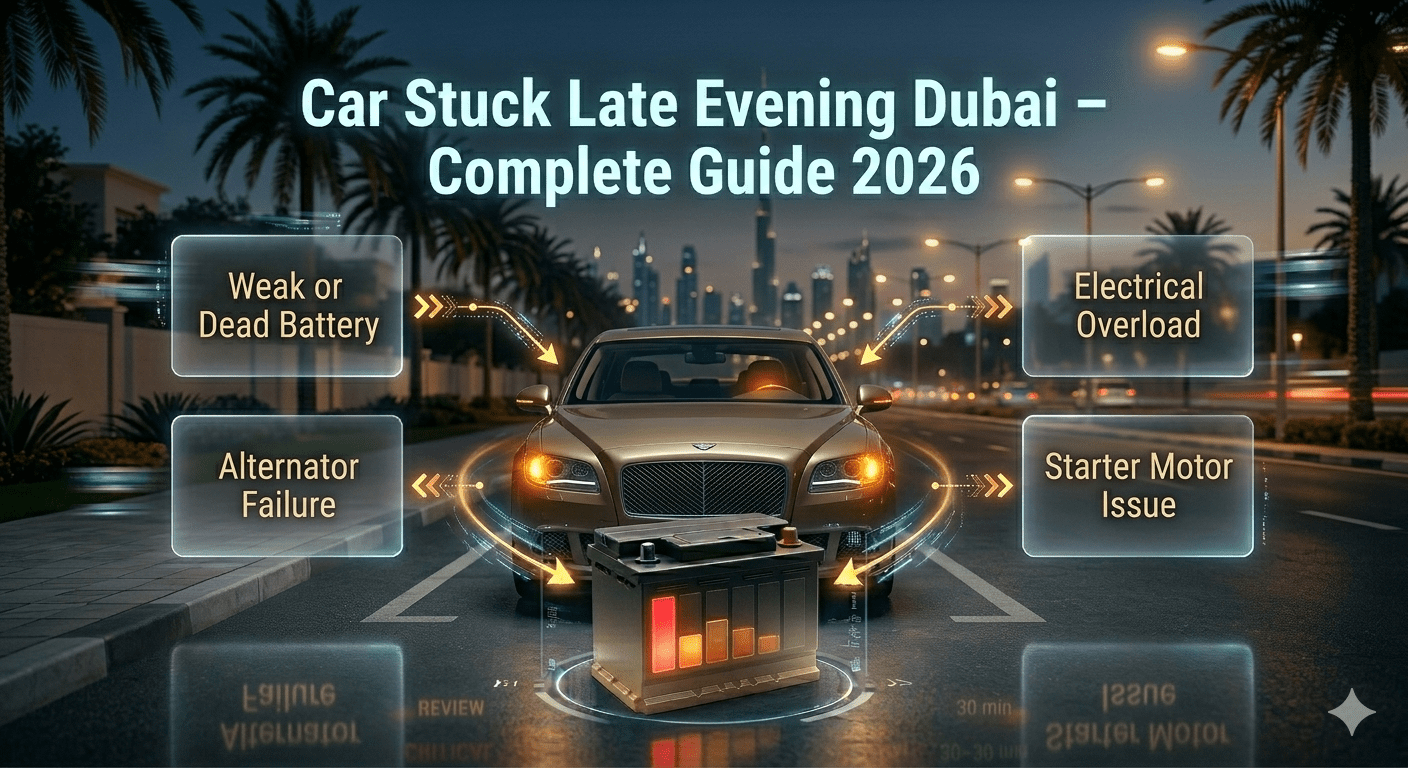 Car stuck late evening in Dubai road showing battery and mechanical failure causes in night emergency breakdown scene.