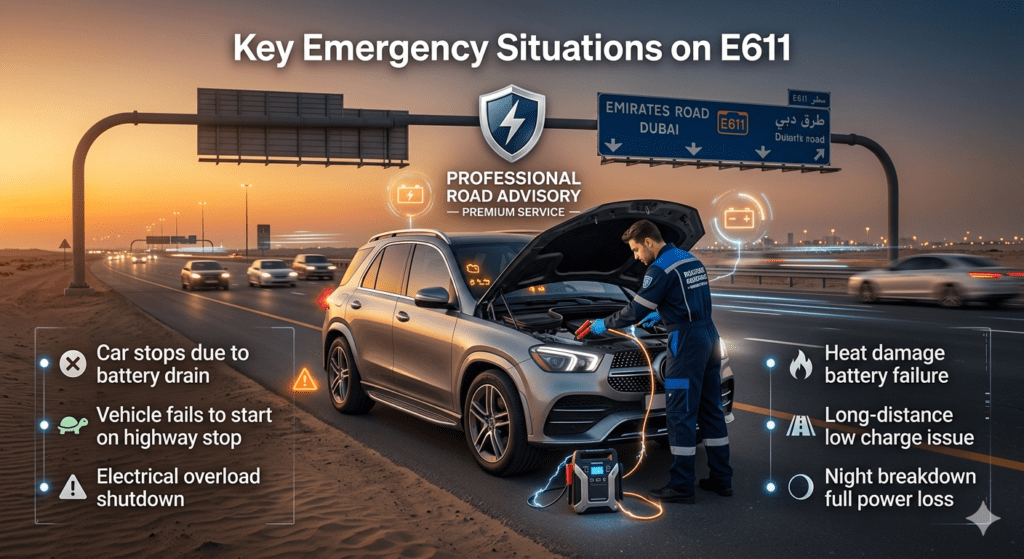 key emergency situations on E611 showing car battery failure breakdown causes and roadside assistance in Dubai highway emergency