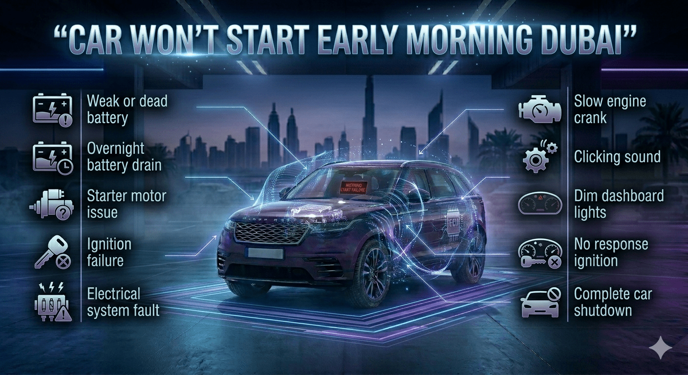 Car won’t start early morning Dubai infographic showing causes and symptoms with a premium car in the center