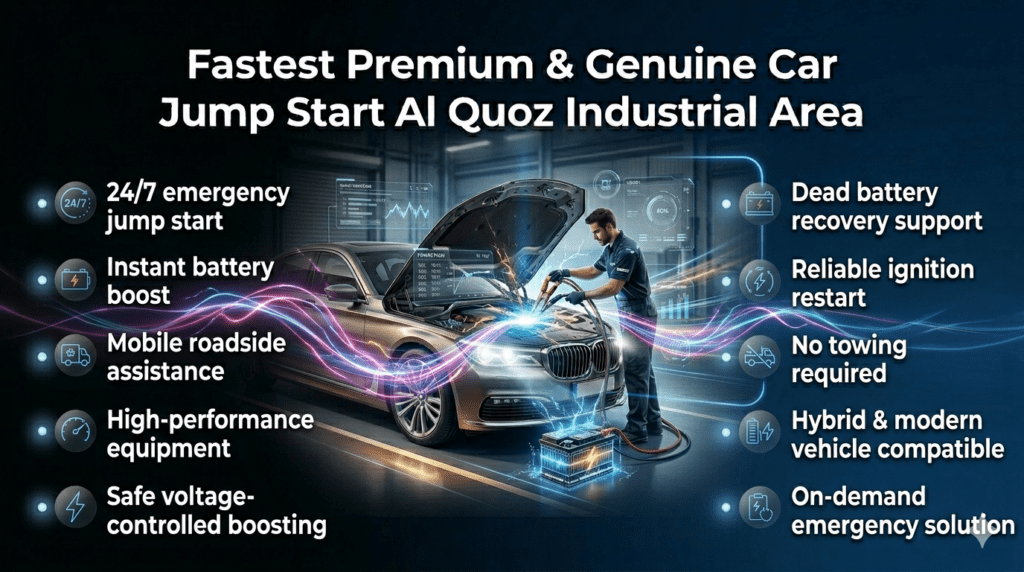 Premium car jump start service features in Al Quoz Industrial Area showing technician boosting a vehicle with key benefits highlighted.
