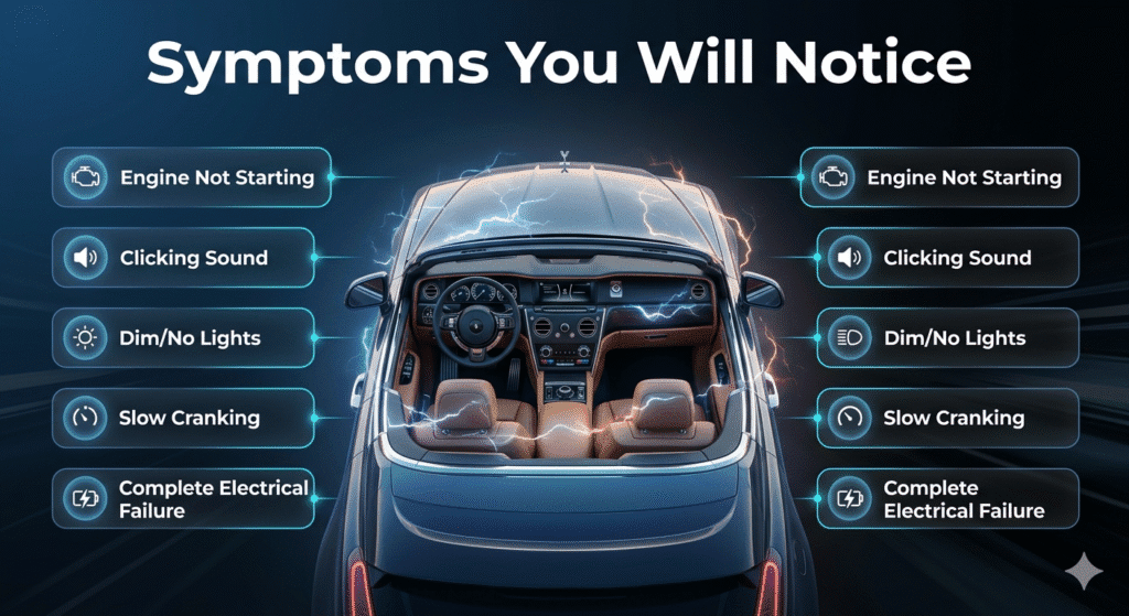 Car battery failure symptoms infographic showing engine not starting, clicking sound, dim lights, slow cranking, and complete electrical failure around a central car image.