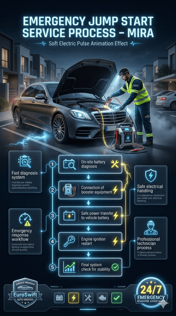Step-by-step emergency jump start process in Mira showing technician performing battery diagnosis, booster connection, power transfer, ignition restart, and final system check.