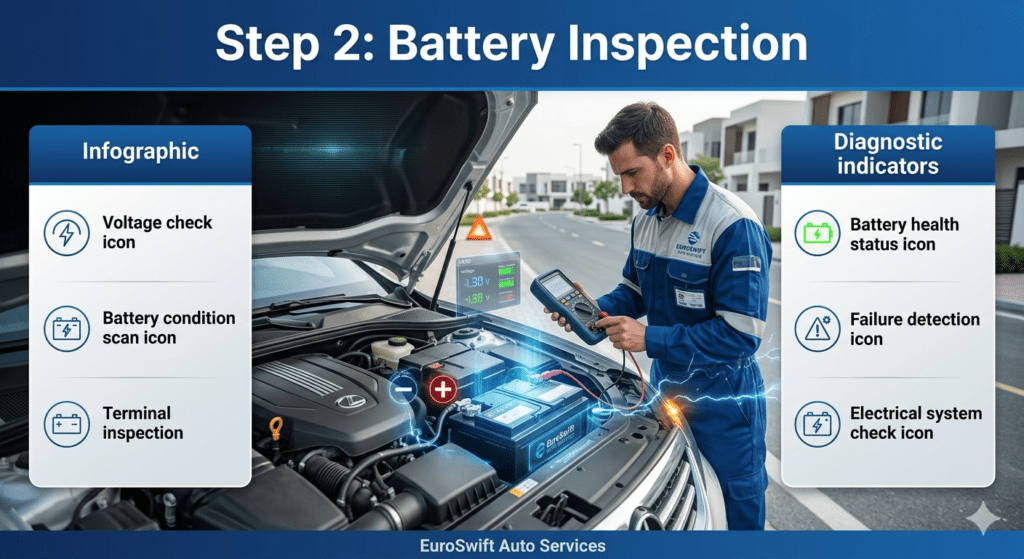 Technician checking car battery condition and voltage using a digital tester during roadside inspection.